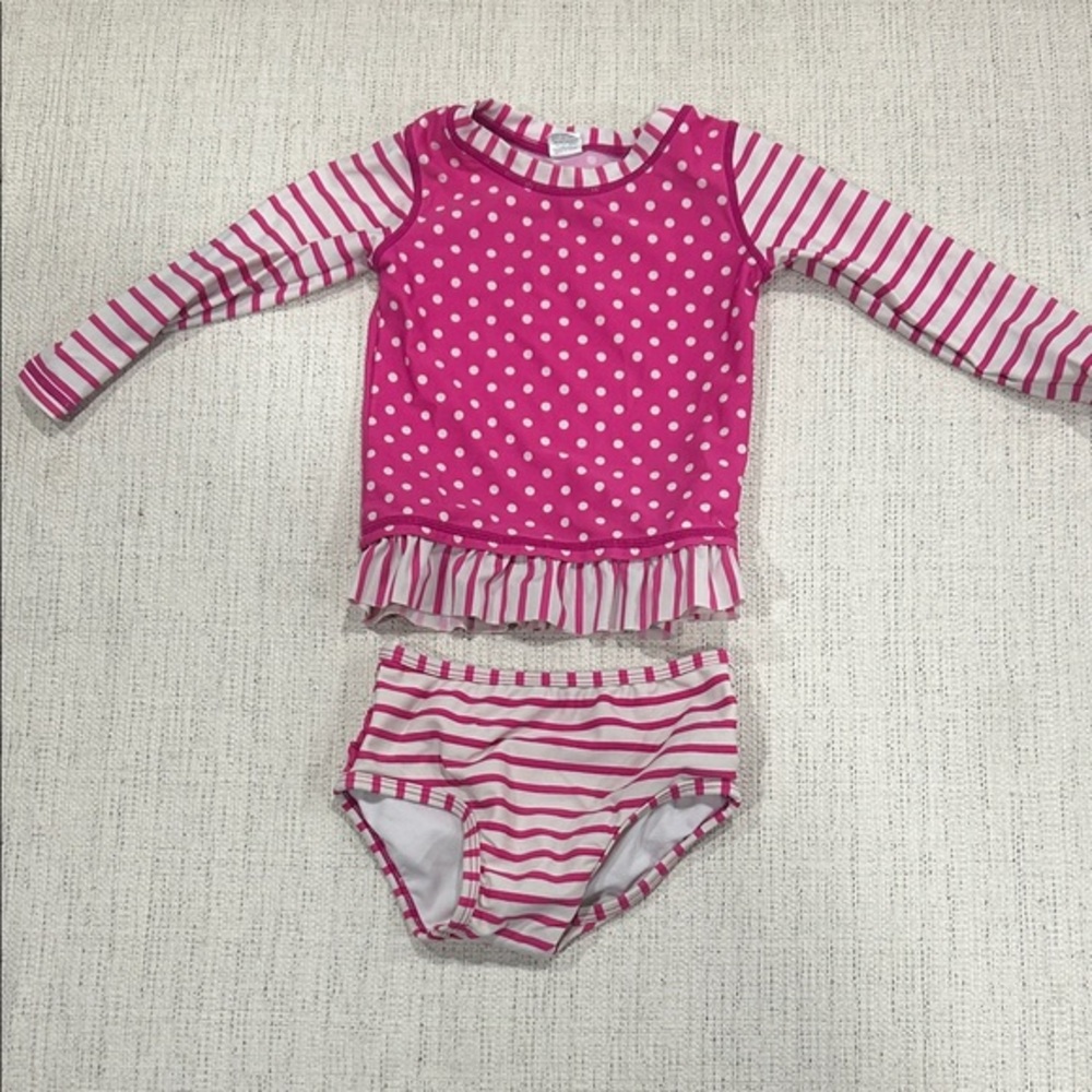 Ruffle Butts Pink & White Polka Dot and Stripe Girls Rashguard Set